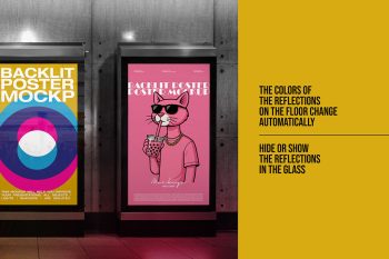 Backlit poster mockup with illuminated street billboard display and editable poster artwork in concrete wall setting.