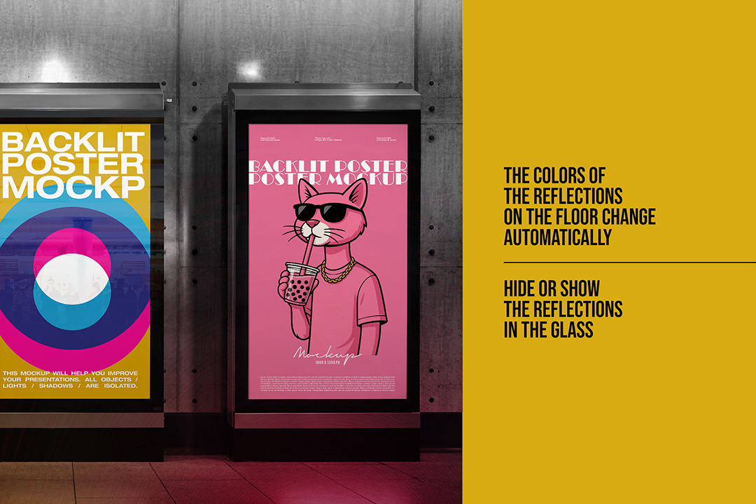 Backlit poster mockup with illuminated street billboard display and editable poster artwork in concrete wall setting.