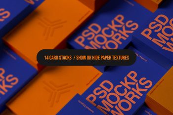 Business card mockup showing colorful stacked cards with optional paper textures in top view composition.