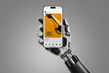 free iPhone mockup held by robotic hand displaying editable app screen for mobile interface and tech branding presentation.