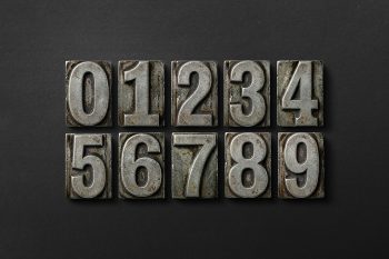 Letterpress numbers 0 to 9 arranged in two rows with vintage metal texture for typography and print design.