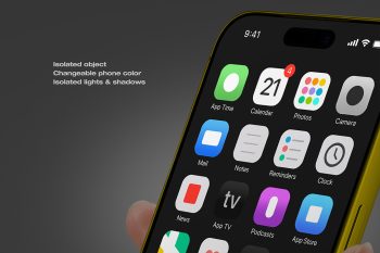 iPhone mockup close-up with hand holding smartphone and visible iOS app icons for UI preview.