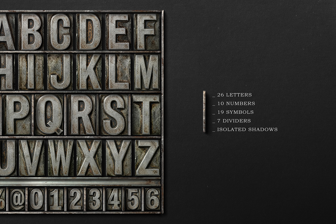 Metal letterpress alphabet characters isolated and aligned on dark background for branding and typography layouts.