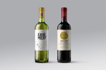 Wine bottle mockup with two Bordeaux bottles for red and white wine label presentation.