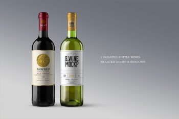 Wine bottle mockup showing two isolated Bordeaux bottles with editable wine labels and realistic glass reflections.