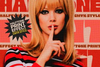 Halftone effect woman portrait with finger gesture, visible dot pattern and CMYK offset for editorial and print design