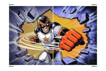 Halftone effect comic punch illustration with CMYK color shift and dot pattern for poster design and branding