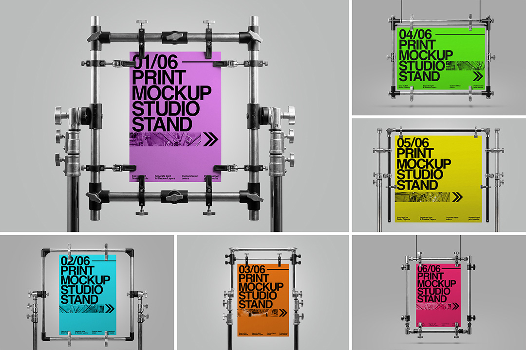 Print mockup collection preview featuring six industrial studio stand poster layouts for branding and editorial presentations.