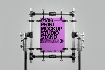 Print mockup with industrial studio stand and vertical suspended poster display for branding and advertising projects.