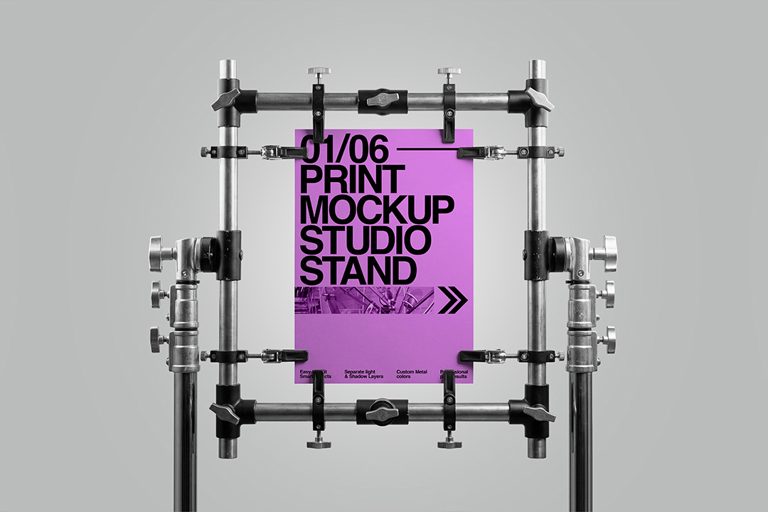 Print mockup with industrial studio stand and vertical suspended poster display for branding and advertising projects.