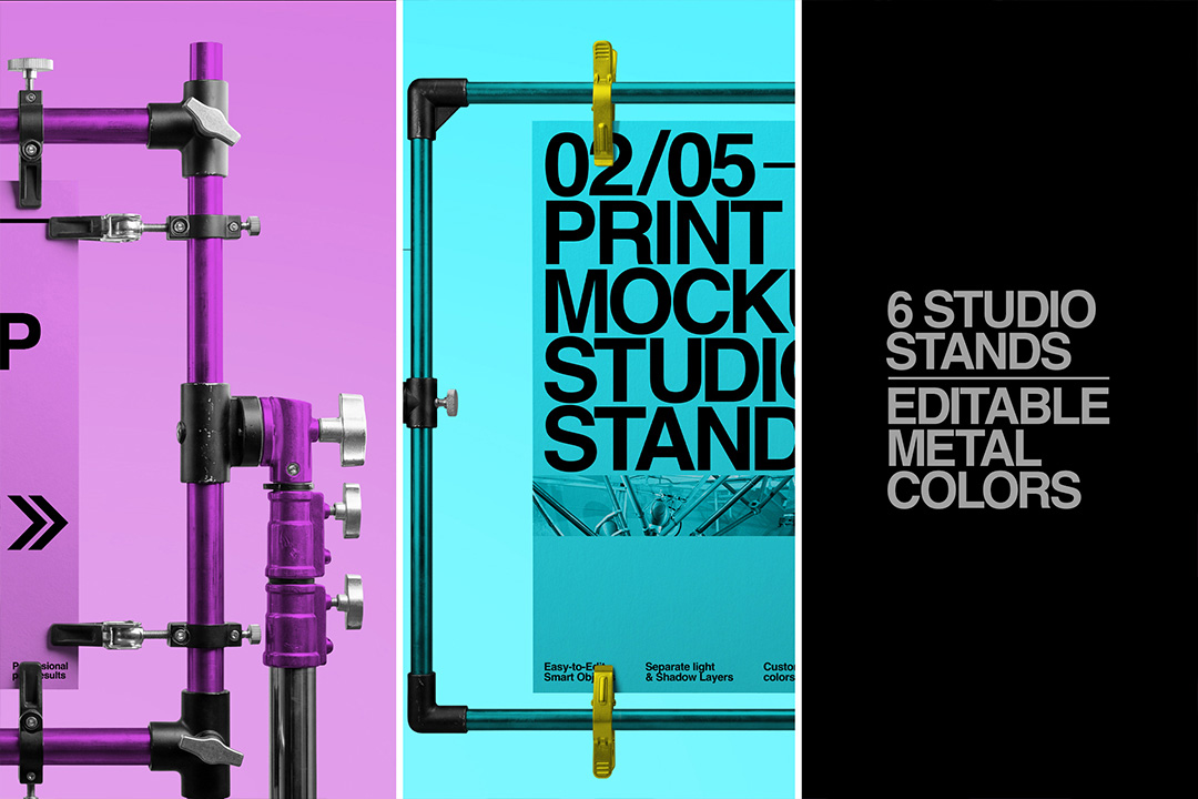 Print mockup featuring square poster layout with industrial studio stand for branding and exhibition graphics presentations.