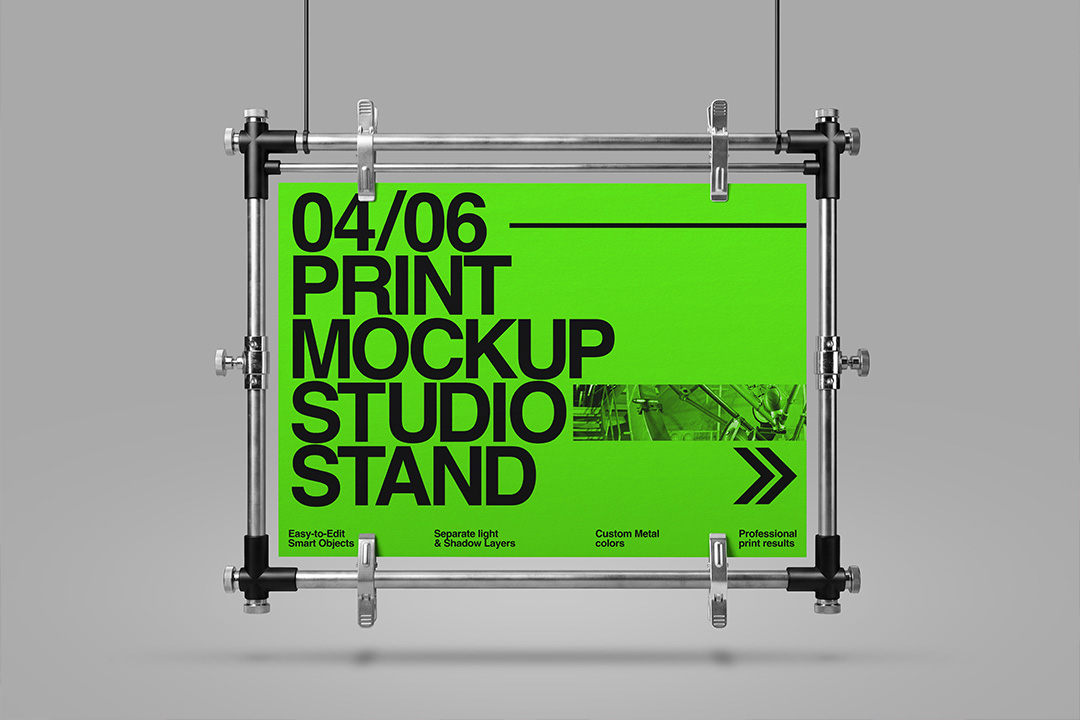 Horizontal print mockup with industrial studio stand and suspended landscape poster layout for branding and editorial projects.