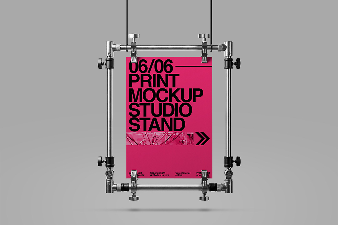 Print mockup close-up with customizable metal studio stand colors and suspended poster layout for campaign presentations.