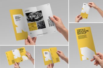 A composite of five trifold brochure mockup scenes showing hand-holding poses and perspectives on a grey background.
