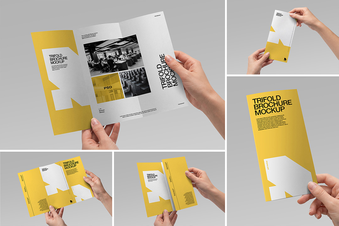 A composite of five trifold brochure mockup scenes showing hand-holding poses and perspectives on a grey background.
