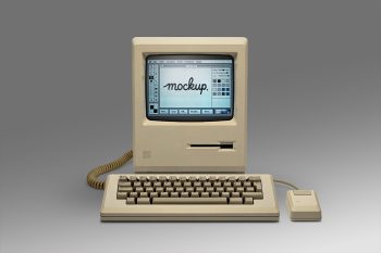 Vintage computer mockup showing desktop monitor with keyboard and mouse isolated for app interface and digital product display.