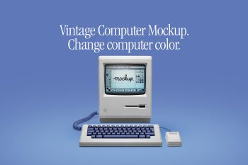 Computer mockup with retro desktop monitor, keyboard and mouse on blue background for UI design and branding.