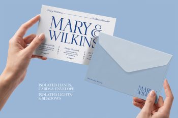 Wedding invitation mockup with envelope and editable cards held by hands, ideal for stationery branding and client presentations.
