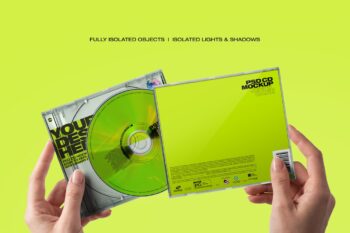 CD jewel case mockup with a hand holding the open case and green disc on a bright green background
