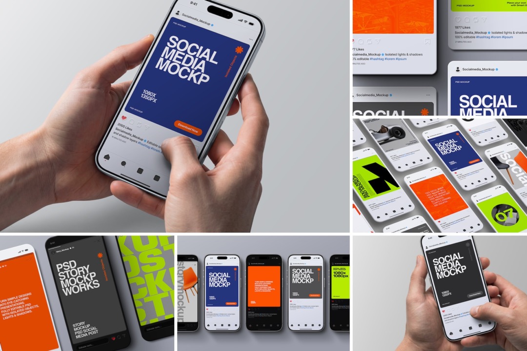 Social media post PSD mockup set with hand holding iPhone and editable Instagram feed layouts