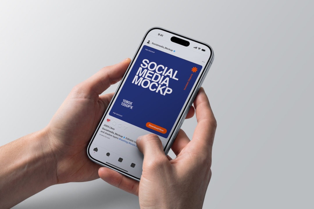 Hand holding iPhone showing blue social media post mockup with isolated objects 1080x1350px