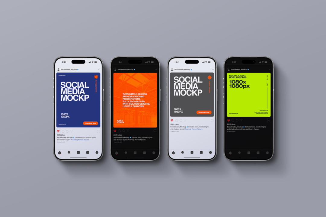 instagram post mockup showing four black and white iPhones with square and portrait social media feed screens on gray