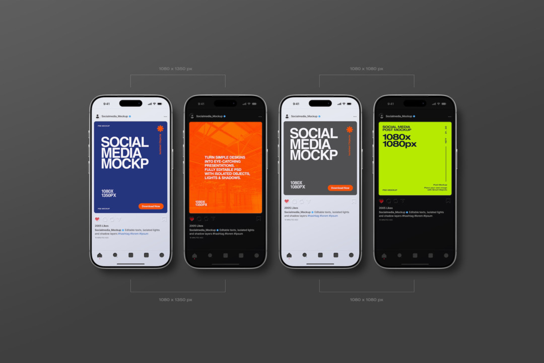 instagram post mockup of four iPhones on dark gray with 1080x1080 and 1080x1350 format labels between the devices