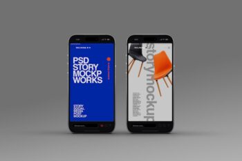 Instagram Story mockup with two front-facing iPhones showing blue and gray Story screens on a gray background