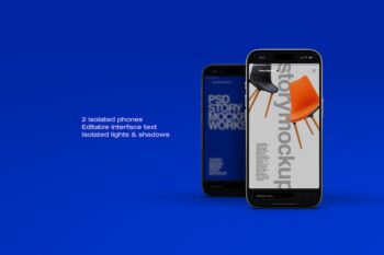 Instagram Story mockup with two iPhones on a blue background, one in front showing an orange chair Story screen