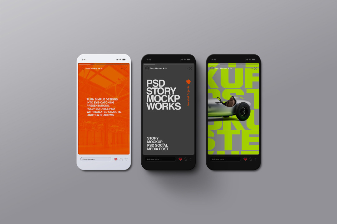 social media post mockup showing three phones with orange, dark and green Instagram Story screens on a gray background