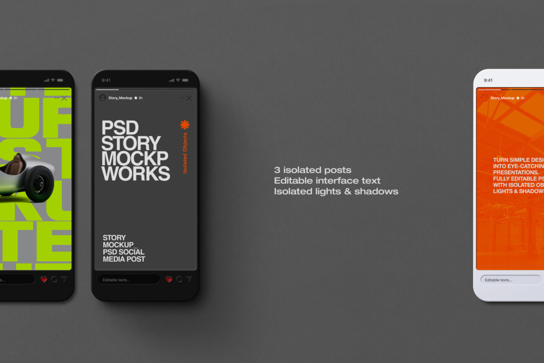 social media post mockup of dark and white phones displaying editable Instagram Story screens beside a feature list