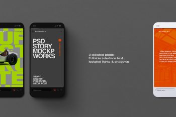 social media post mockup of dark and white phones displaying editable Instagram Story screens beside a feature list