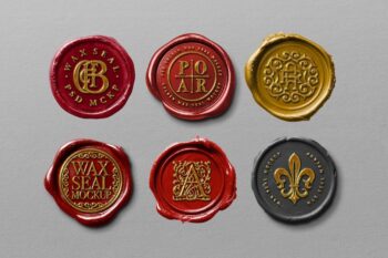Wax seal mockup set showing six isolated gold foil stamps in red, gold and black wax on a gray surface