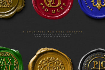 Wax seal mockup display with colorful gold foil stamps around centered text on a dark textured background