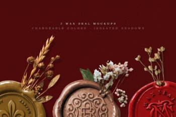 Botanical wax seal mockup in gold, copper and red wax with dried wheat and flowers, arranged on a deep red background with title text.