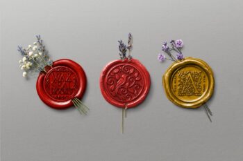 Floral wax seal mockup showing three wax stamps in red and gold, each with a sprig of dried lavender and baby's breath on gray.
