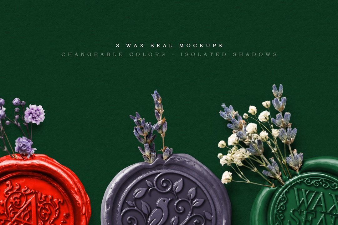 Floral wax seal mockup in red, gray and green wax with dried flowers, arranged on a dark green background with title text above.