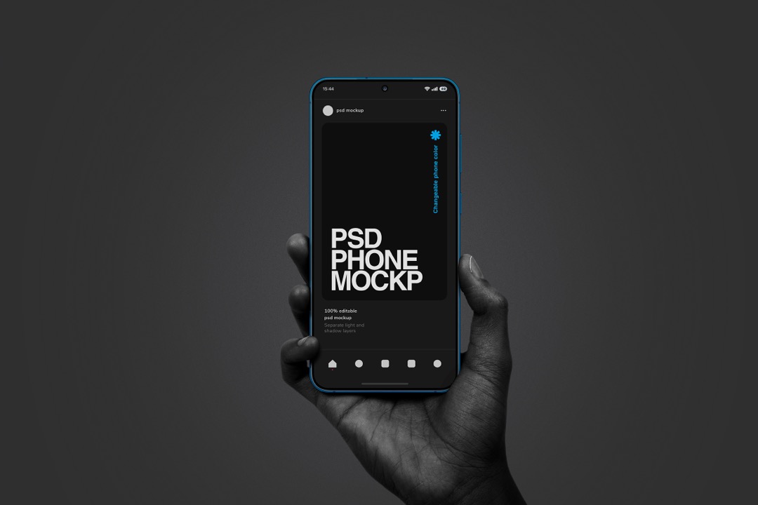 Hand holding Android phone mockup on dark grey background, black and white hand gripping a blue edged phone straight on