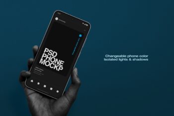 Hand holding Android phone mockup tilted on a dark teal background, showing the dark app screen and phone side buttons