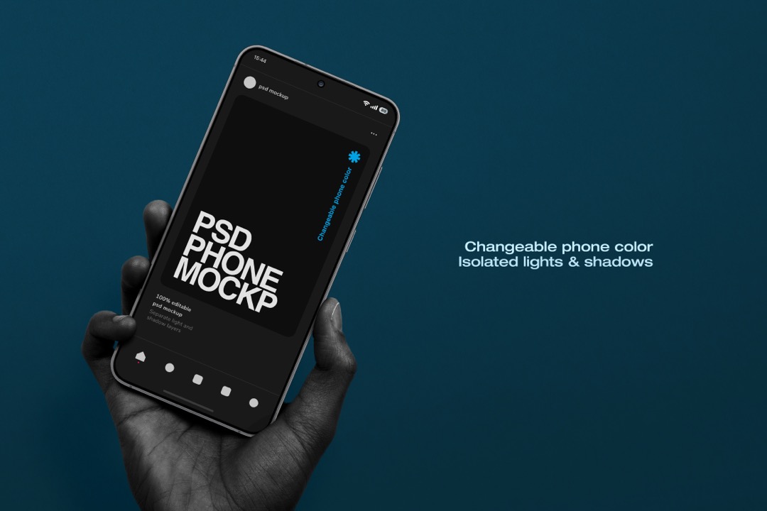 Hand holding Android phone mockup tilted on a dark teal background, showing the dark app screen and phone side buttons