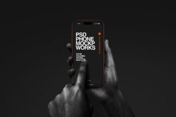 Hand touching iPhone screen mockup on dark background, two black and white hands holding the phone with orange edges