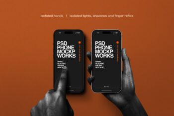 Hand touching iPhone screen mockup on orange background, two phones side by side with hands holding and tapping