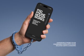 Handcuffed to phone mockup on a blue background, hand holding iphone chained at the wrist with changeable phone and handcuffs color.