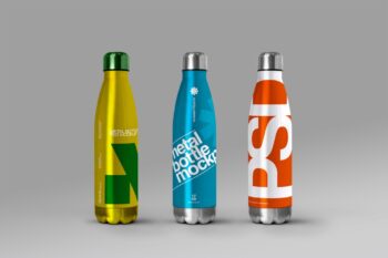 Metal water bottle mockup showing three isolated stainless steel insulated bottles in yellow, blue and orange on a gray background.