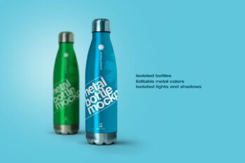 Metal water bottle mockup with a blue bottle in front and a blurred green bottle behind on a blue background with feature text.
