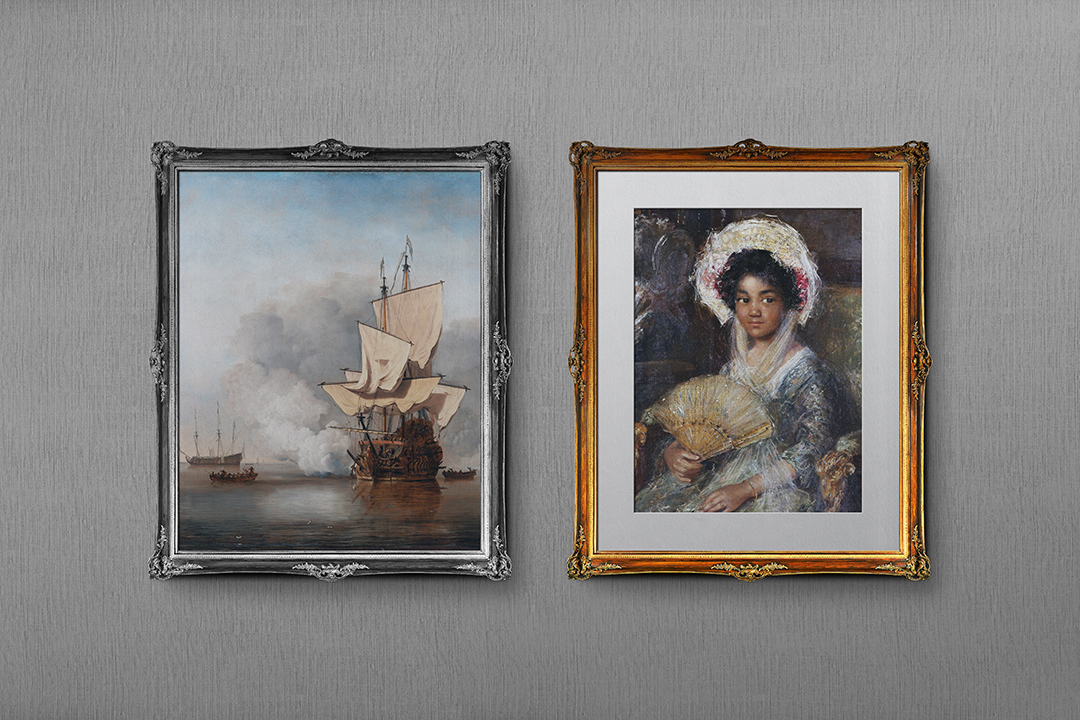 Ornate vintage frame mockup showing silver and gold baroque frames with classic paintings hanging on a grey wall