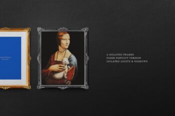 Ornate vintage frame mockup on dark background with passe-partout version, silver baroque frame and editable blue placeholder