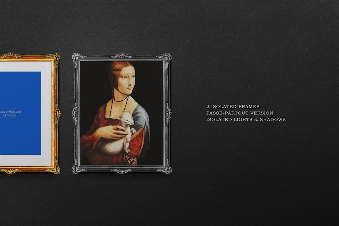 Ornate vintage frame mockup on dark background with passe-partout version, silver baroque frame and editable blue placeholder