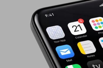 Phone app icon mockup close-up on a black smartphone home screen showing an editable placeholder app icon beside Calendar, Mail and Notes on gray.
