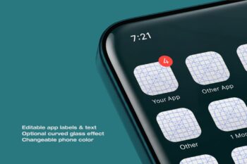 Phone app icon mockup on a dark green phone in perspective, showing a grid of editable placeholder app icons and labels over a teal background.